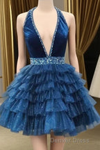 Blue Halter Multi Layered Tulle Homecoming Dresses