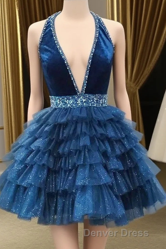 Blue Halter Multi Layered Tulle Homecoming Dresses