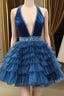 Blue Halter Multi Layered Tulle Homecoming Dresses