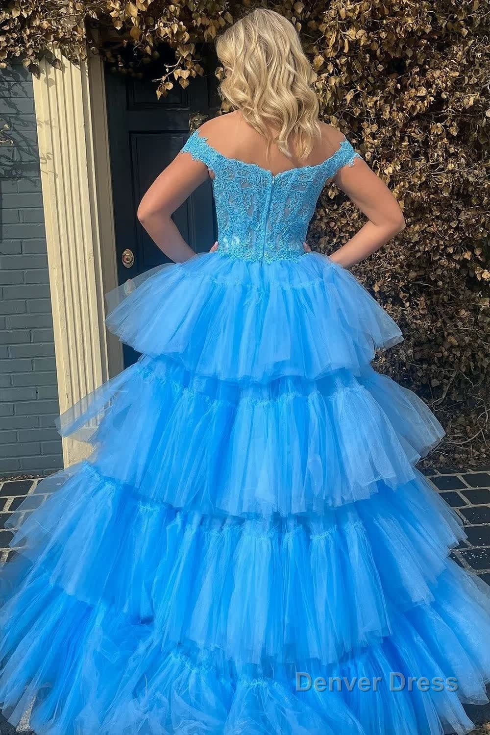 Blue High Low Homecoming Prom Dresses with Lace
