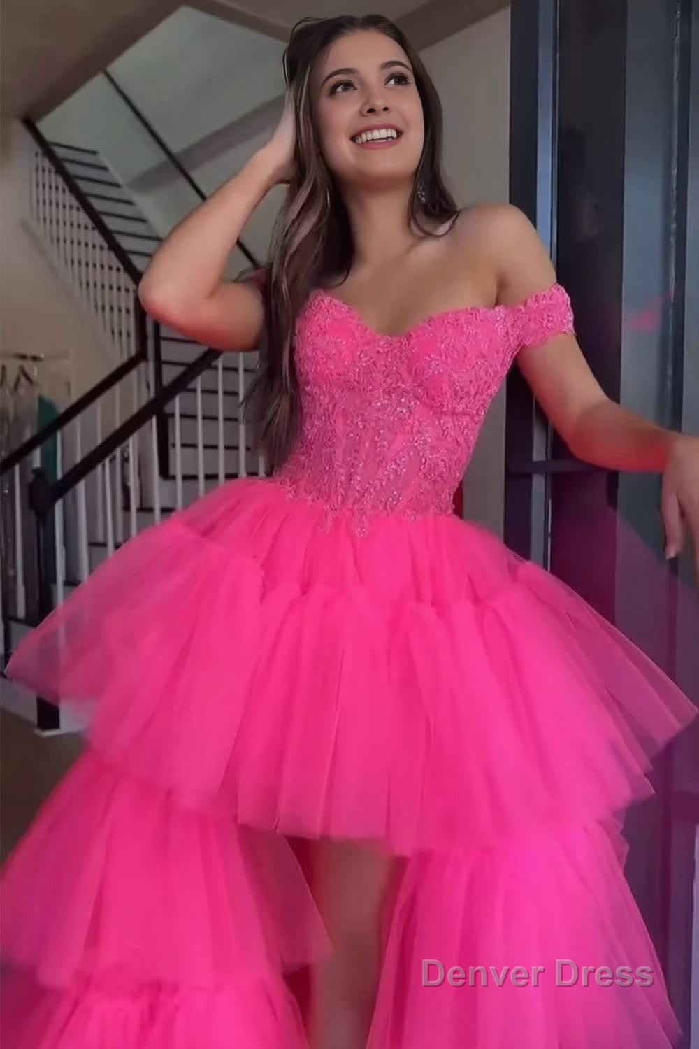 Blue High Low Homecoming Prom Dresses with Lace
