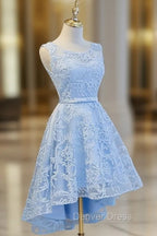 Blue High Low Lace Prom Dress, Blue High Low Lace Graduation Homecoming Dresses