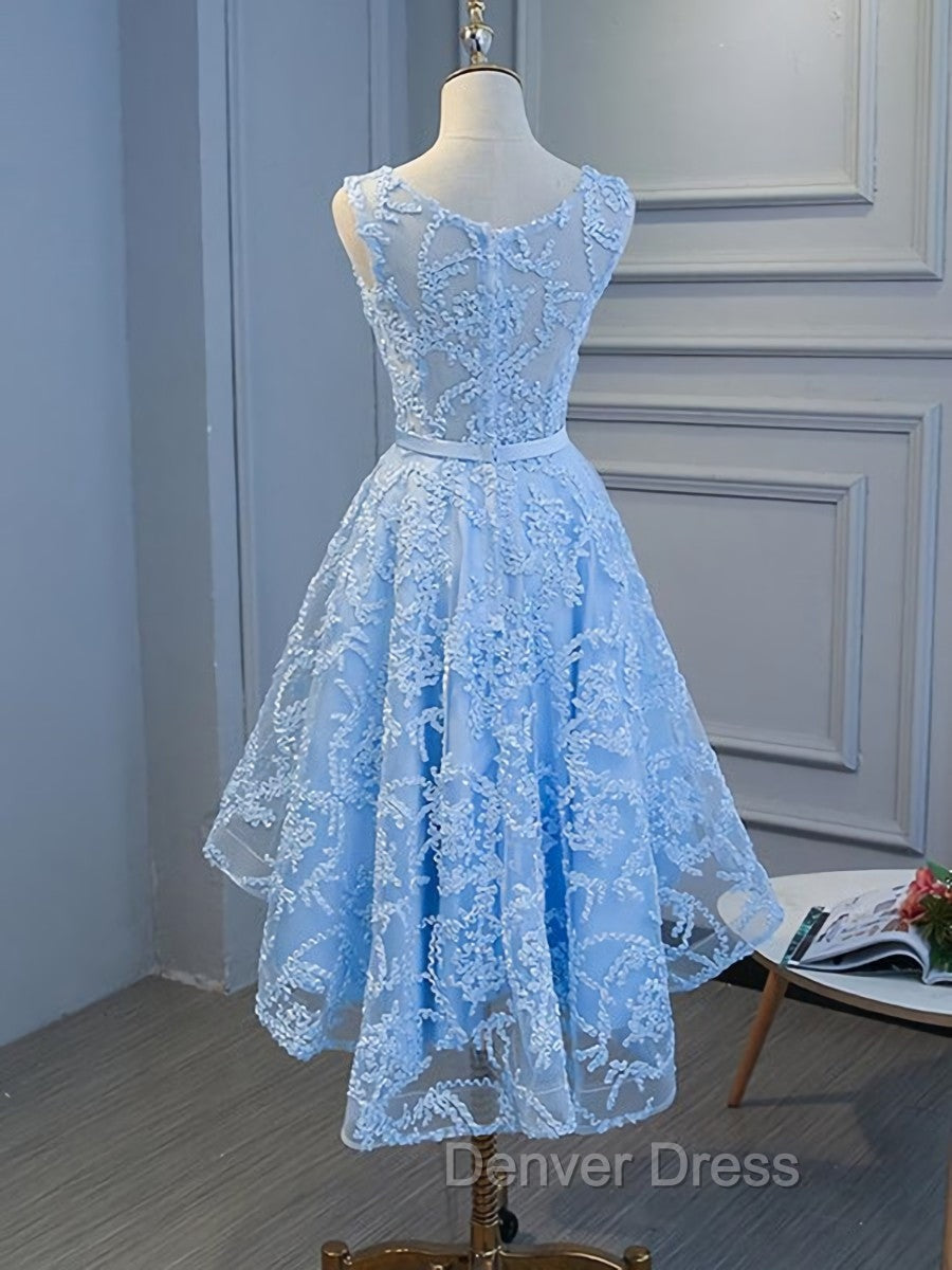 Blue High Low Lace Prom Dress, Blue High Low Lace Graduation Homecoming Dresses