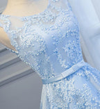 Blue High Low Lace Prom Dress, Blue High Low Lace Graduation Homecoming Dresses