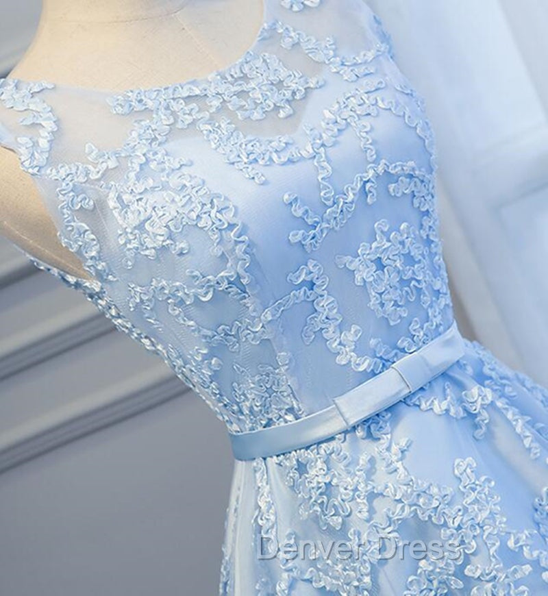 Blue High Low Lace Prom Dress, Blue High Low Lace Graduation Homecoming Dresses