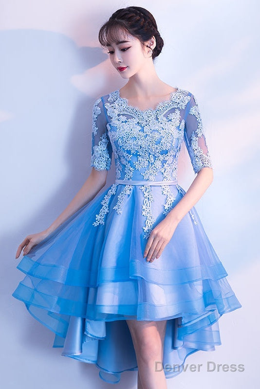 Blue High Low Tulle Prom Dress , Cute Tulle Prom Dresses With Lace Applique