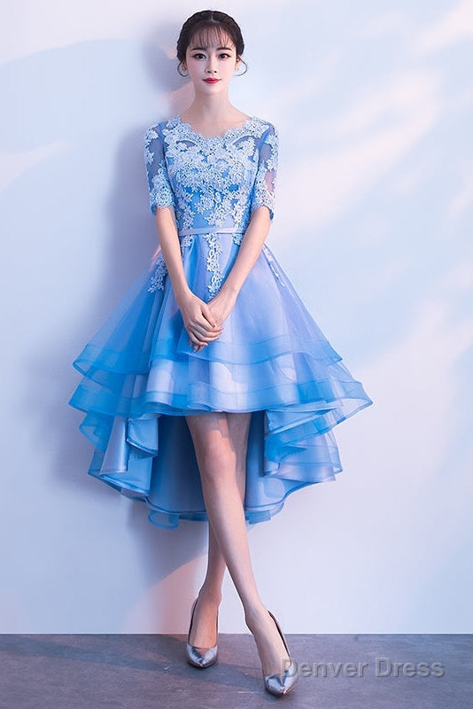 Blue High Low Tulle Prom Dress , Cute Tulle Prom Dresses With Lace Applique