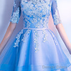 Blue High Low Tulle Prom Dress , Cute Tulle Prom Dresses With Lace Applique
