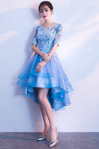 Blue High Low Tulle Prom Dress , Cute Tulle Prom Dresses With Lace Applique