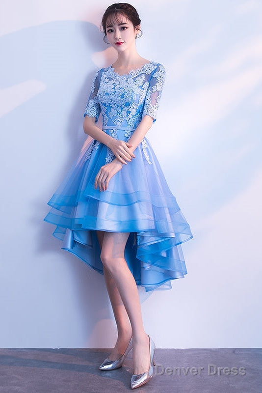 Blue High Low Tulle Prom Dress , Cute Tulle Prom Dresses With Lace Applique