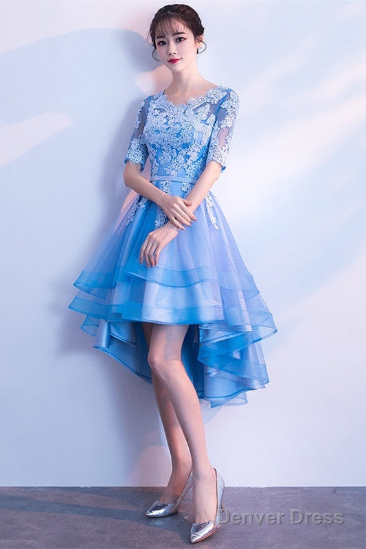 Blue High Low Tulle Prom Dress , Cute Tulle Prom Dresses With Lace Applique Main image