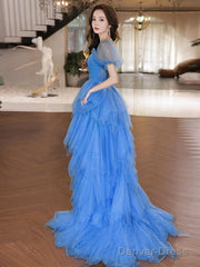 Blue High Low Tulle Prom Dresses, Blue Formal Graduation Dresses