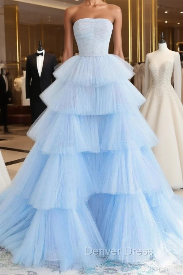Blue High Low Tulle Prom Dress, Blue Tulle High Low Prom Graduation Dresses