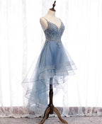Blue High Low Tulle V-Neckline Straps Prom Dress With Lace, Cute Homecoming Dresses