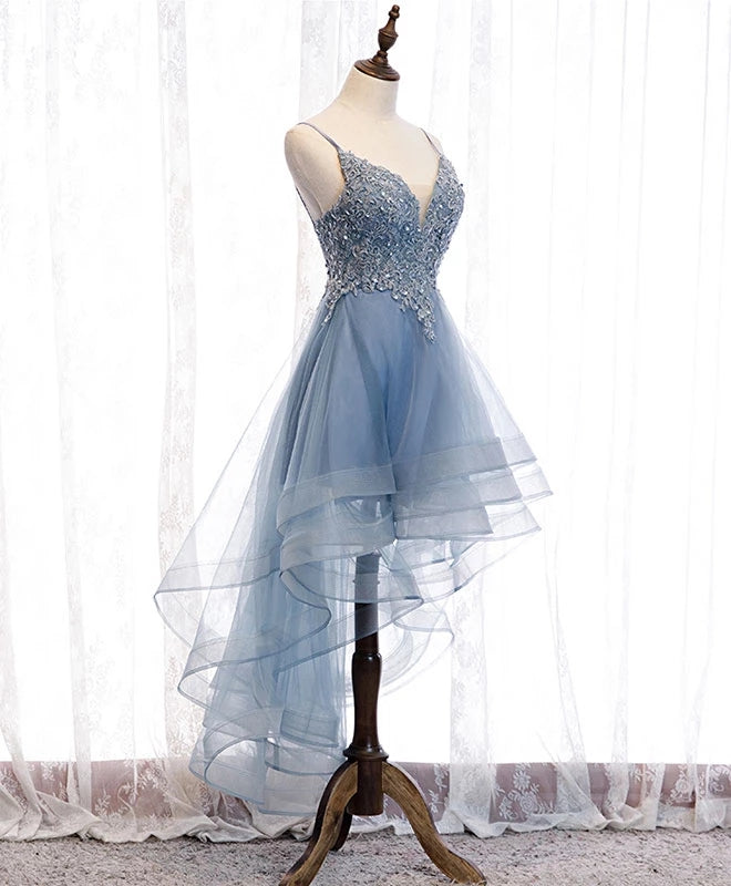 Blue High Low Tulle V-Neckline Straps Prom Dress With Lace, Cute Homecoming Dresses