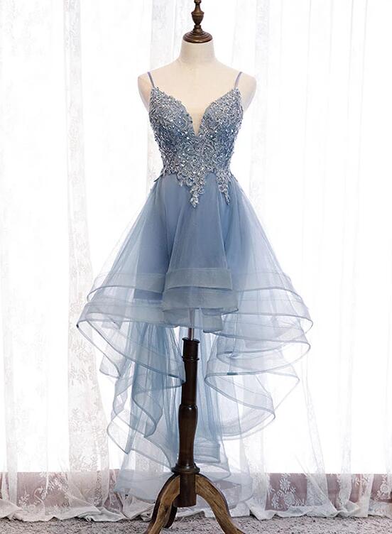 Blue High Low Tulle V-Neckline Straps Prom Dress With Lace, Cute Homecoming Dresses
