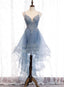 Blue High Low Tulle V-Neckline Straps Prom Dress With Lace, Cute Homecoming Dresses