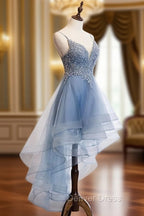 Blue High Low Tulle V Neckline Straps Prom Dress with Lace, Cute Homecoming Dresses