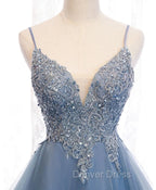 Blue High Low Tulle V Neckline Straps Prom Dress with Lace, Cute Homecoming Dresses