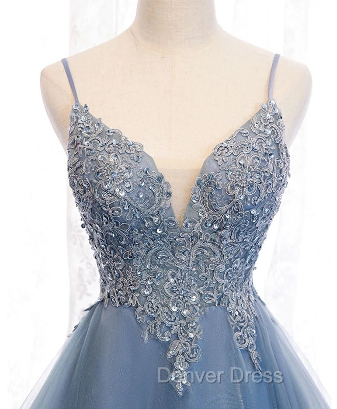 Blue High Low Tulle V Neckline Straps Prom Dress with Lace, Cute Homecoming Dresses