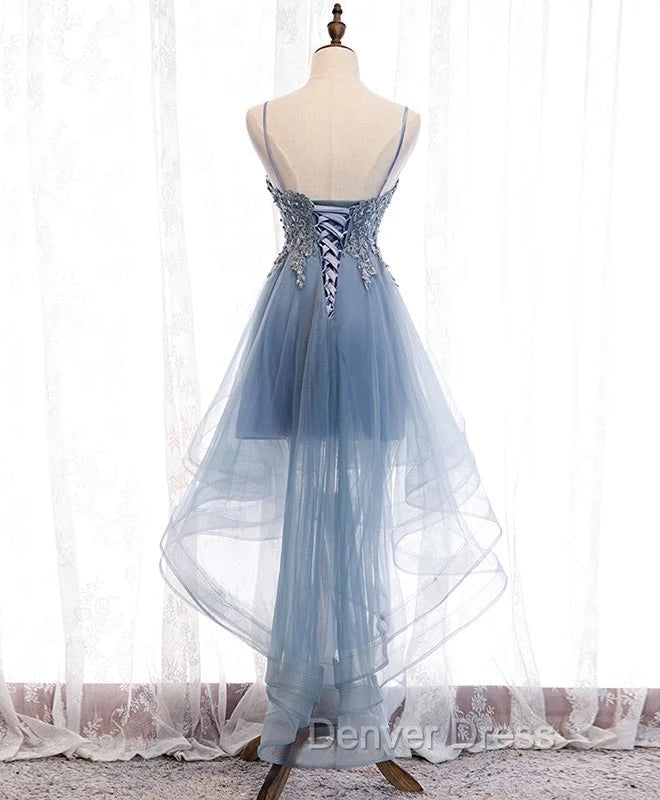 Blue High Low Tulle V Neckline Straps Prom Dress with Lace, Cute Homecoming Dresses