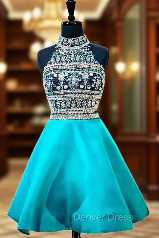 Blue High Neck Beaded Crystals Backless Party Homecoming Dresses