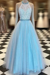 Blue High Neck Lace Tulle Long Prom Dresses, Blue Evening Dresses