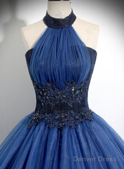 Blue High Neckline Ball Gown Formal Dress, Blue Tulle Sweet 16 Dress Party Dress