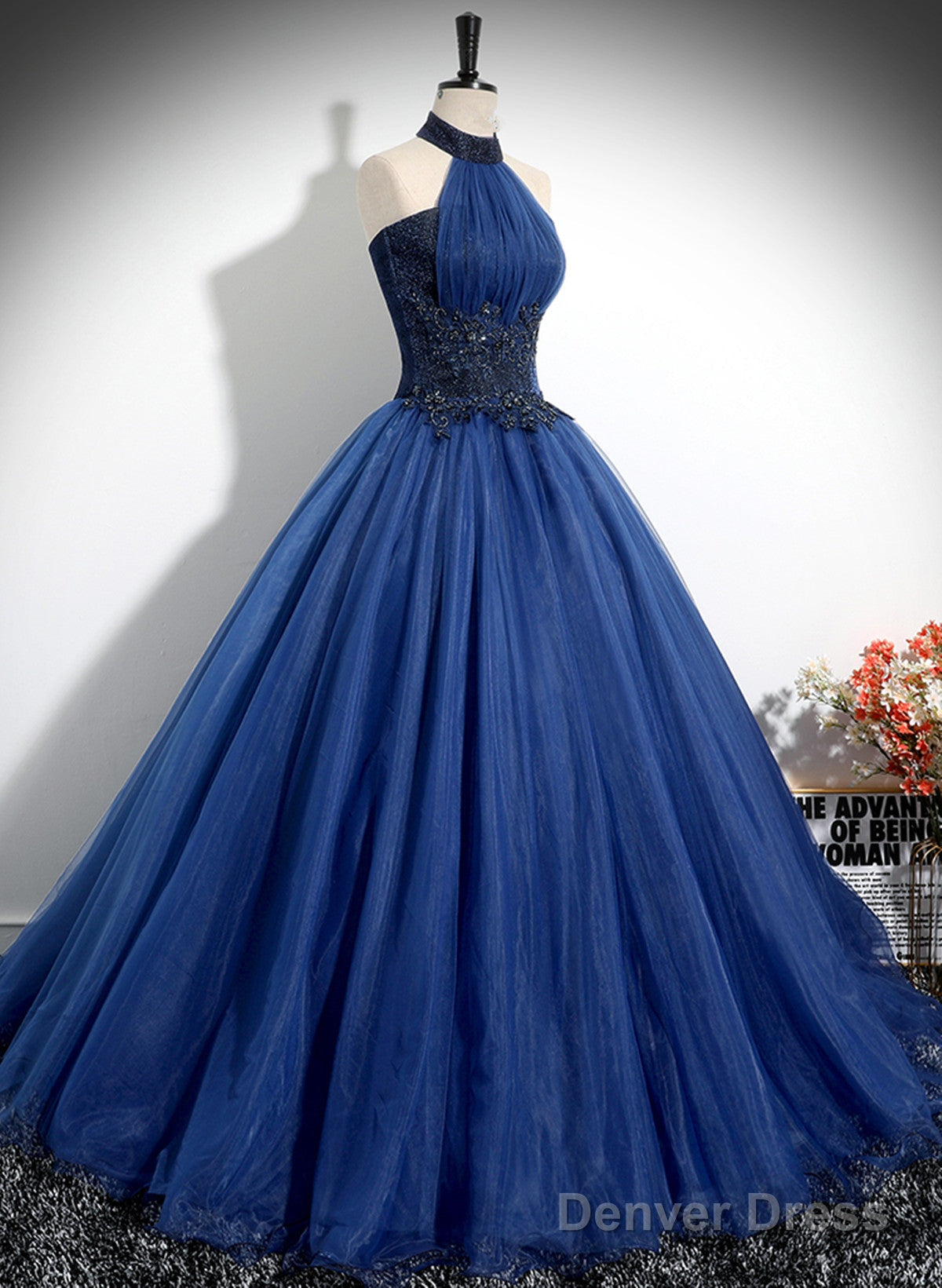 Blue High Neckline Ball Gowns Prom Dress, Blue Tulle Sweet 16 Dress Prom Dresses