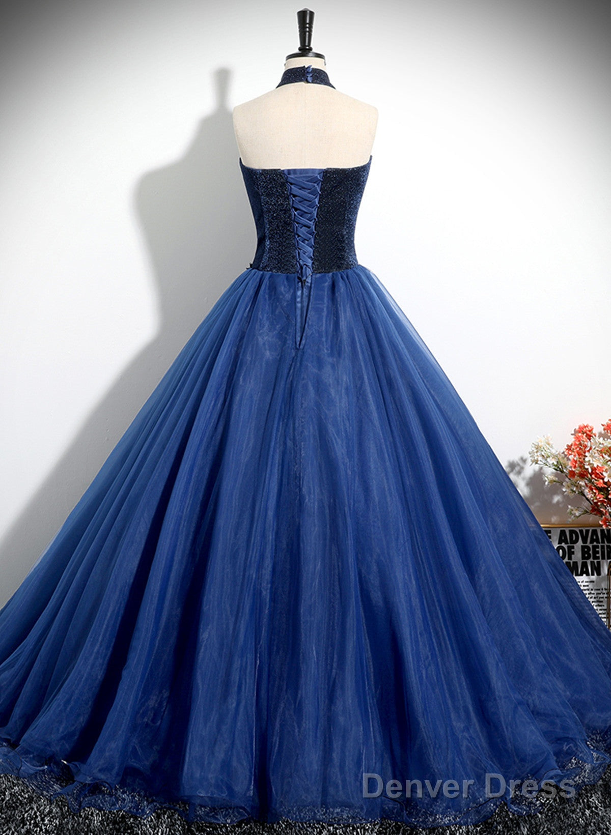 Blue High Neckline Ball Gowns Prom Dress, Blue Tulle Sweet 16 Dress Prom Dresses