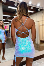 Blue Iridescent Sequins Lace Up Sheath Homecoming Dresses