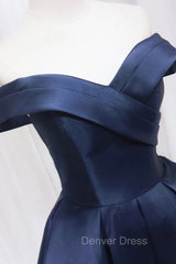 Blue Knee Length Satin Short Prom Dresses, Off the Shoulder Blue Homecoming Dresses