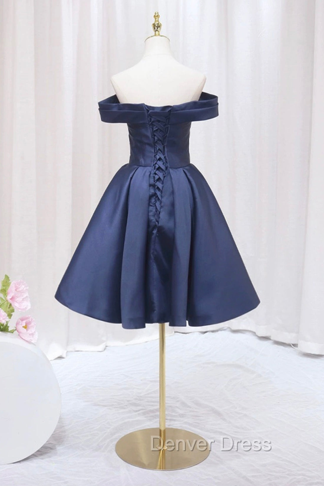 Blue Knee Length Satin Short Prom Dress, Off the Shoulder Blue Homecoming Dresses