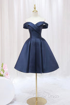 Blue Knee Length Satin Short Prom Dress, Off the Shoulder Blue Homecoming Dresses