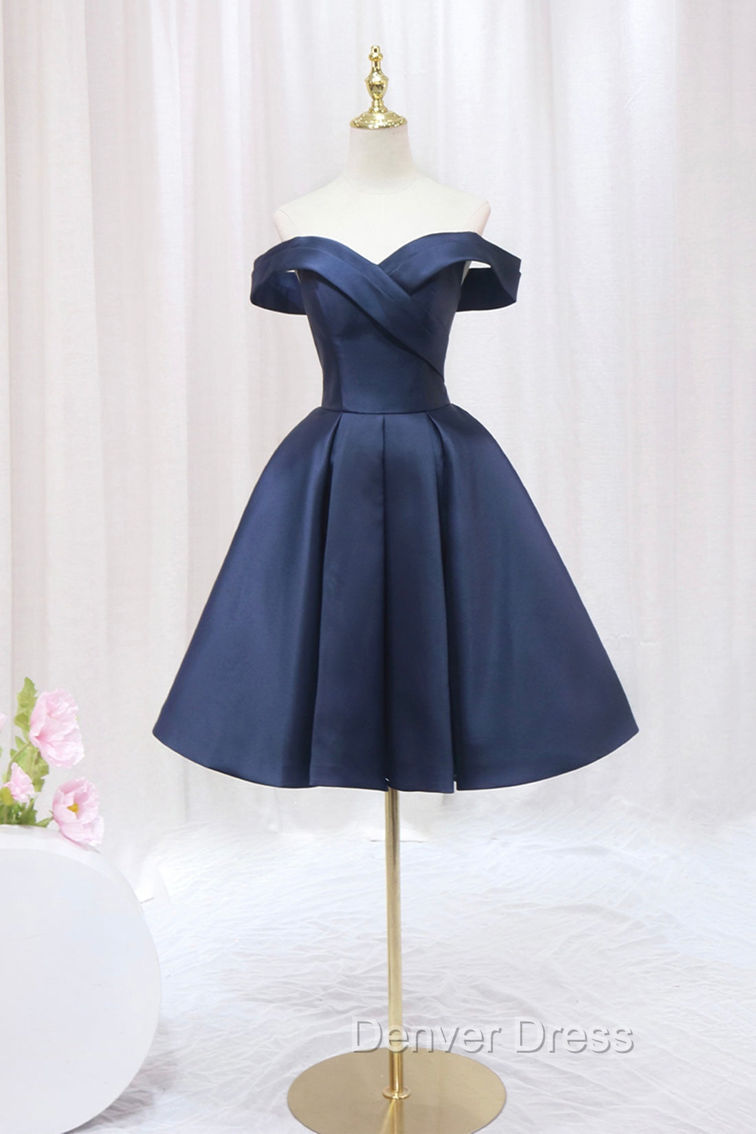Blue Knee Length Satin Short Prom Dress, Off the Shoulder Blue Homecoming Dresses