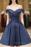 Blue Knee Length Satin Short Prom Dresses, Off the Shoulder Blue Homecoming Dresses