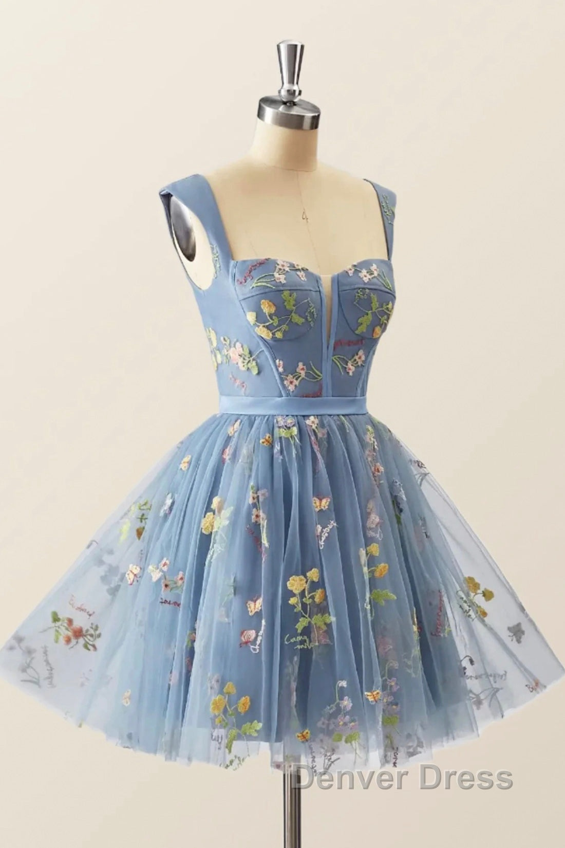 Blue Knee Length Tulle Party Dresses, Cute Blue  Floral Tulle Homecoming Dresses Secondary image