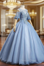 Blue Lace Long A-Line Ball Gown, Blue Formal Party Dresses