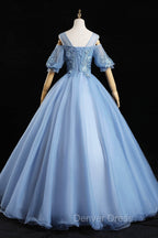 Blue Lace Long A-Line Ball Gown, Blue Formal Party Dresses