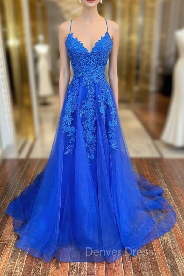 Blue Lace Long A-Line Prom Dresses, Elegant V-Neck Formal Evening Dresses Main image