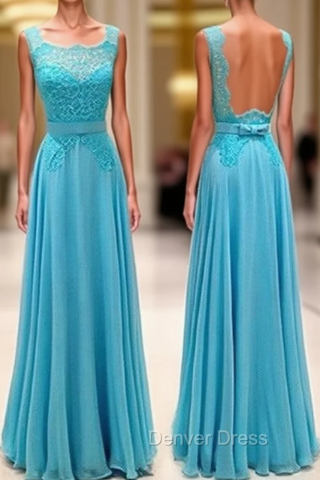 Blue Lace Long Prom Dresses, Blue Evening Dresses For Teens Main image
