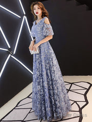 Blue Lace Long Prom Dresses, Blue Formal Party Dress