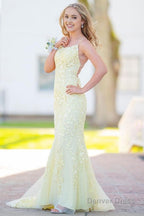 Blue Lace Mermaid Backless Prom Dresses