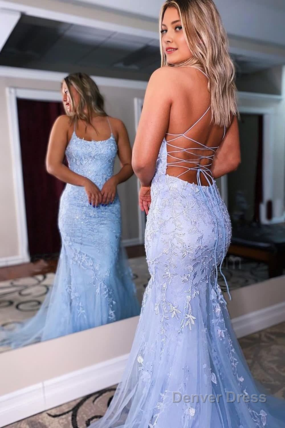 Blue Lace Mermaid Backless Prom Formal Dress Main image