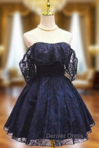 Blue Lace Off Shoulder Short Party Dresses, Blue Homecoming Dresses Party Dresses