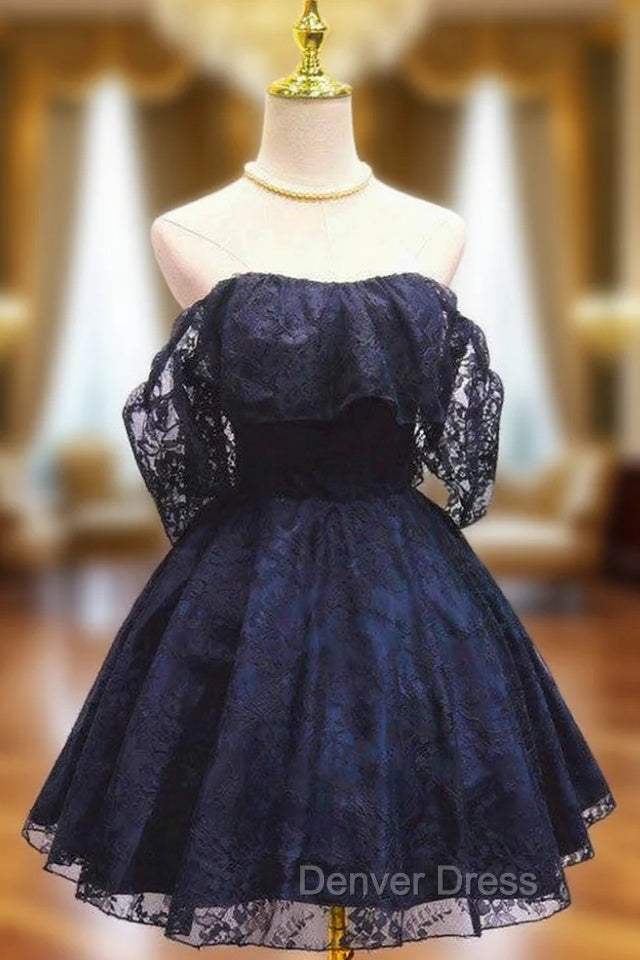 Blue Lace Off Shoulder Short Prom Dress, Blue Homecoming Dress Prom Dresses