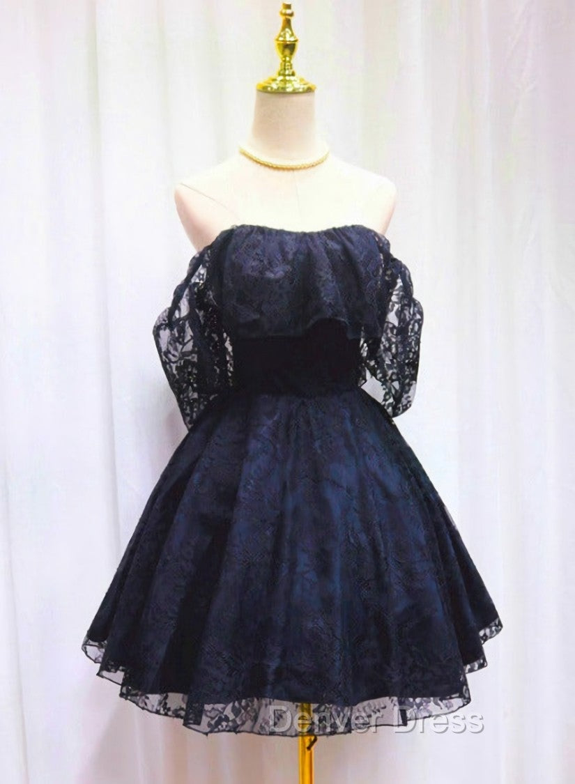 Blue Lace Off Shoulder Short Party Dresses, Blue Homecoming Dresses Party Dresses Secondary image