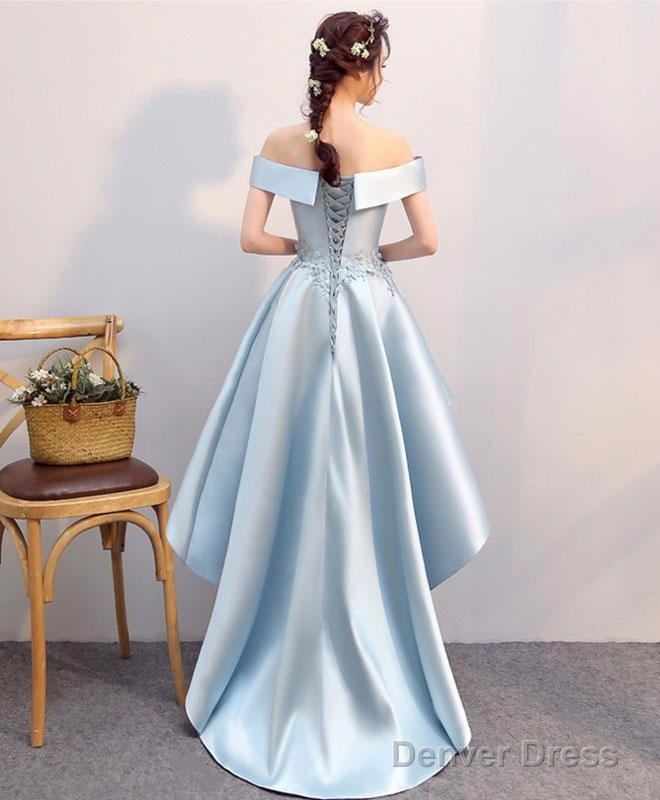 Blue Lace Satin High Low Prom Dress, Blue Homecoming Dresses