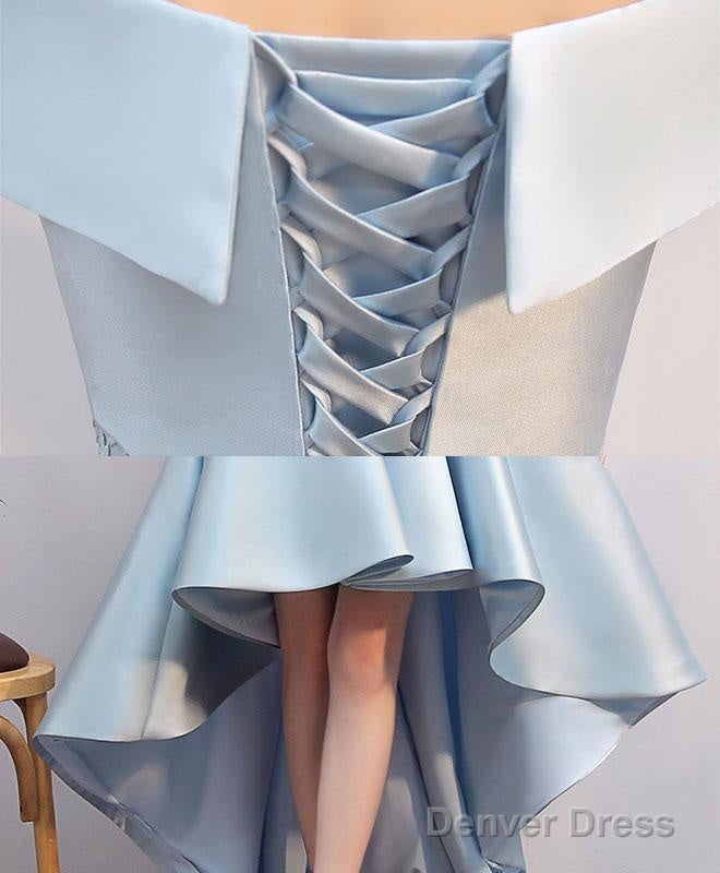 Blue Lace Satin High Low Prom Dress, Blue Homecoming Dresses