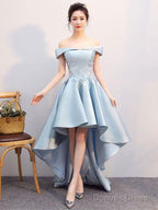 Blue Lace Satin High Low Prom Dress, Blue Homecoming Dress